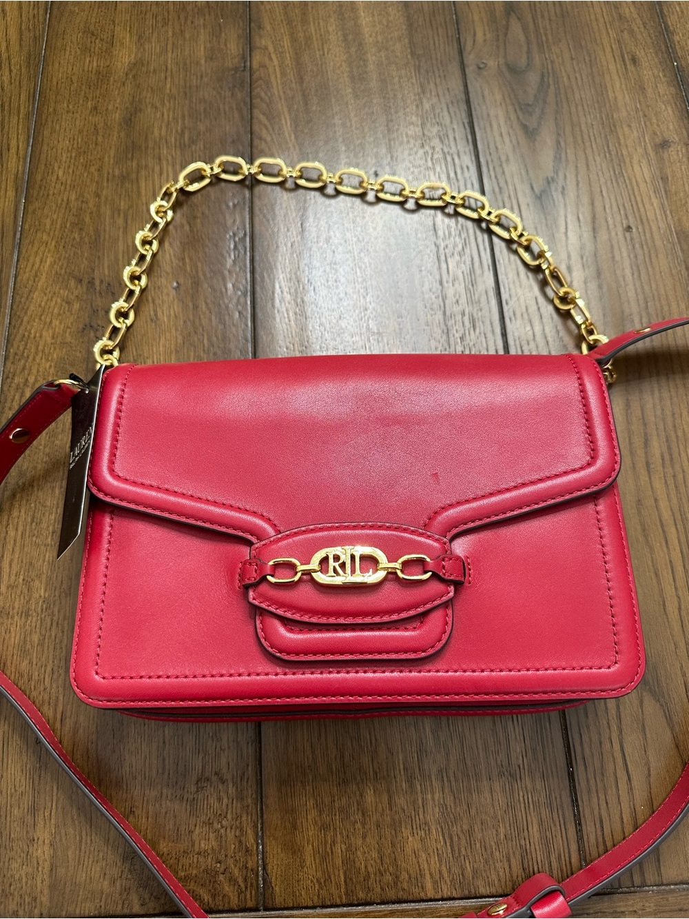 Ralph Lauren Red Leather Chain Shoulder Bag with Gold Hardware